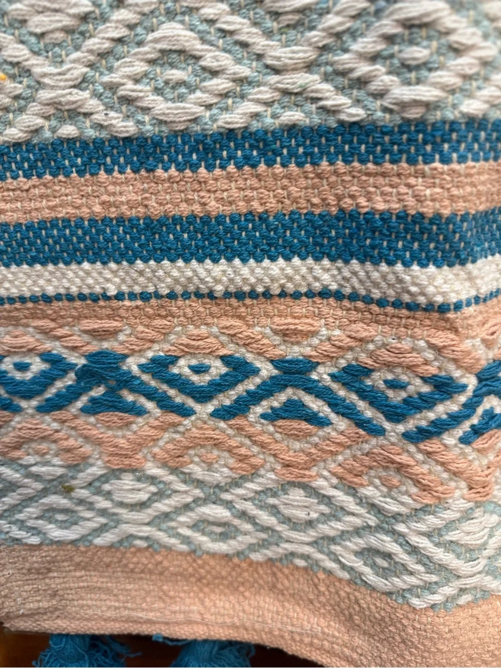 Handwoven Boho Tassel Throw rug in coral, Teal & Cream